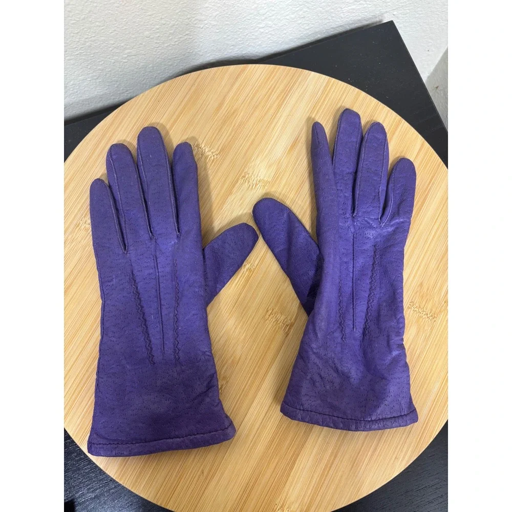 Fownes Gloves 6.5 Vintage Genuine Leather Purple Knit Lined Stitched Detail